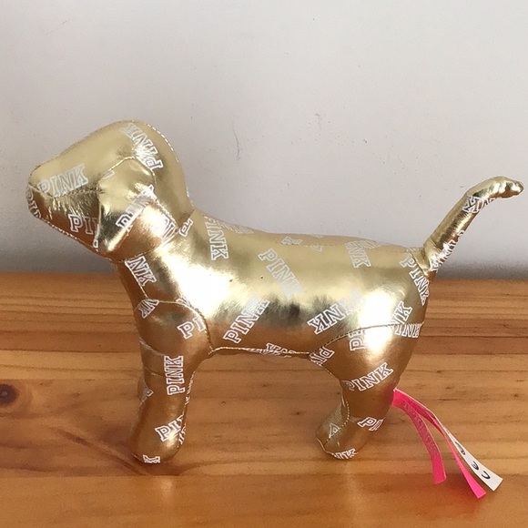 Victoria Secret Pink Gold and white stuff dog with tags - Picture 1 of 5